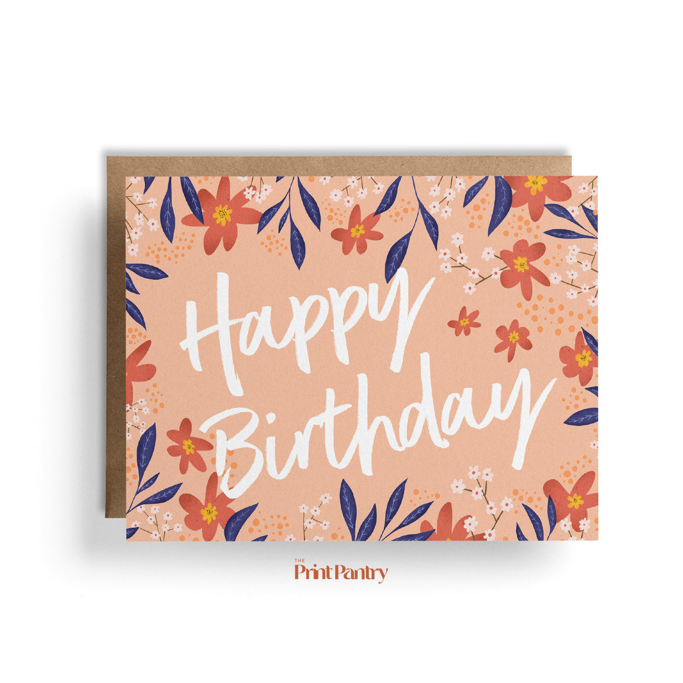 Floral Birthday Greeting Card laying on a Kraft paper envelope 