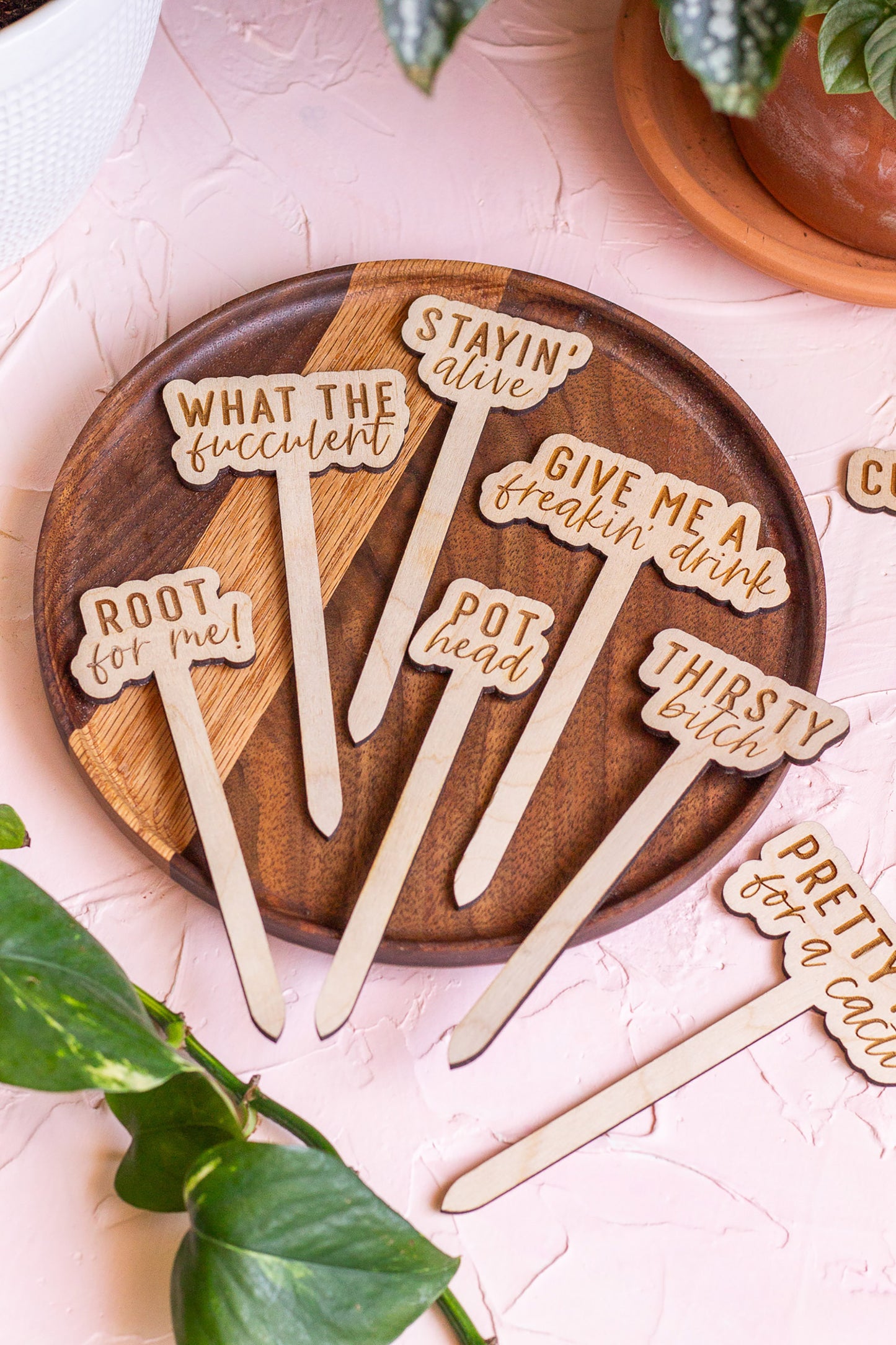 pot plant signs Funny Script Wooden Plant Markers – The Print Pantry