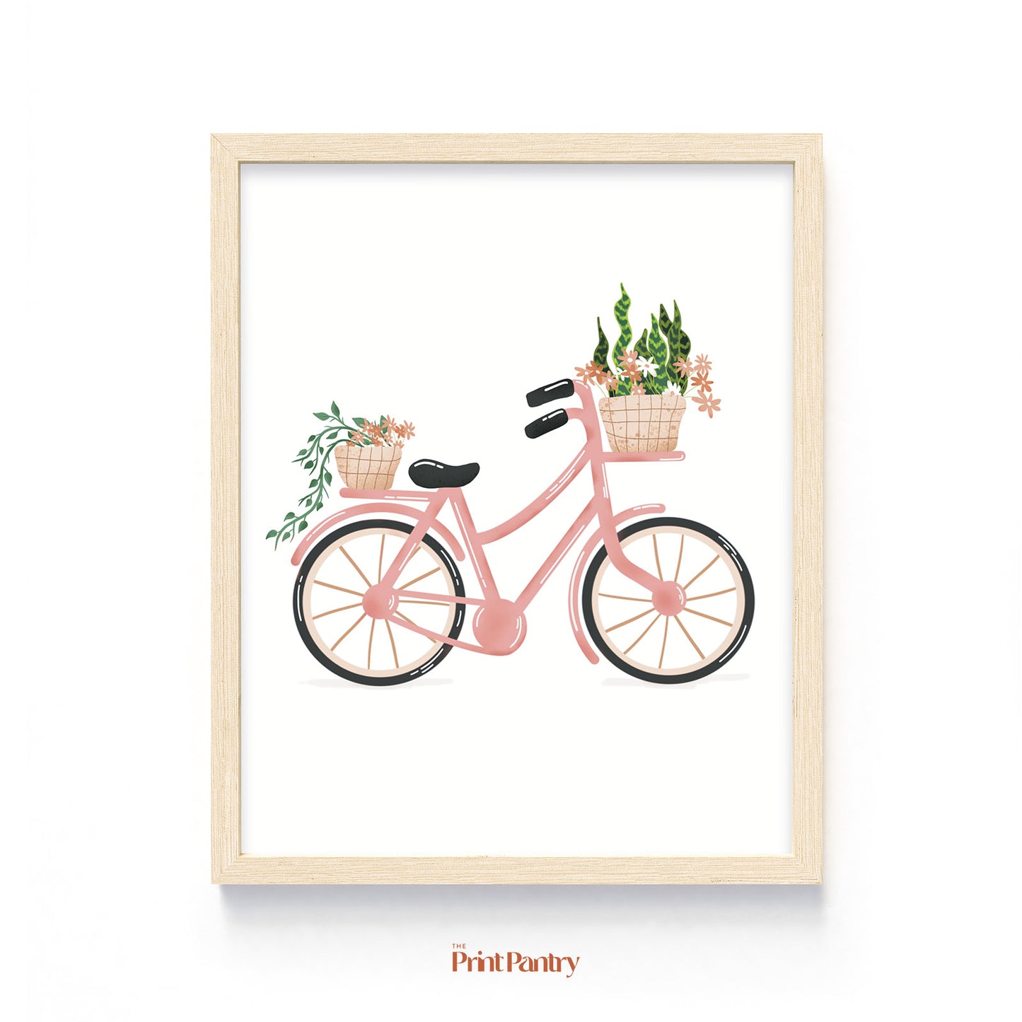 Floral Bicycle Art Print shown in a wooden frame