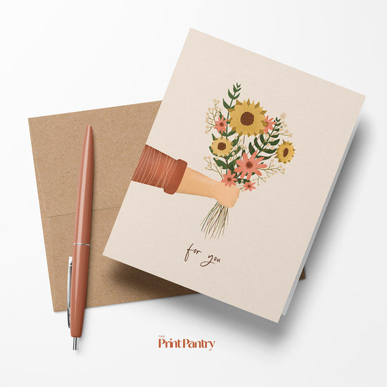 Load image into Gallery viewer, For You Greeting Card laying on a Kraft envelope with pen
