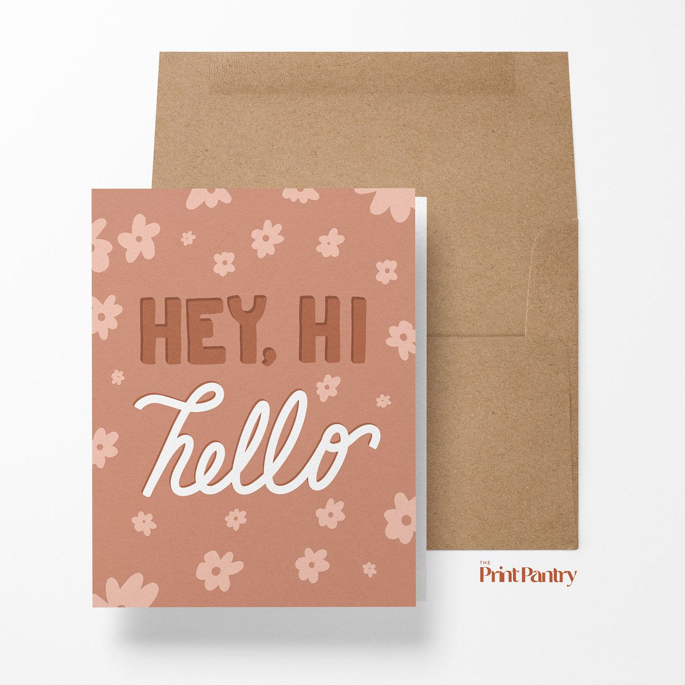 Load image into Gallery viewer, Hey, Hi, Hello Greeting Card laying on an open Kraft paper envelope
