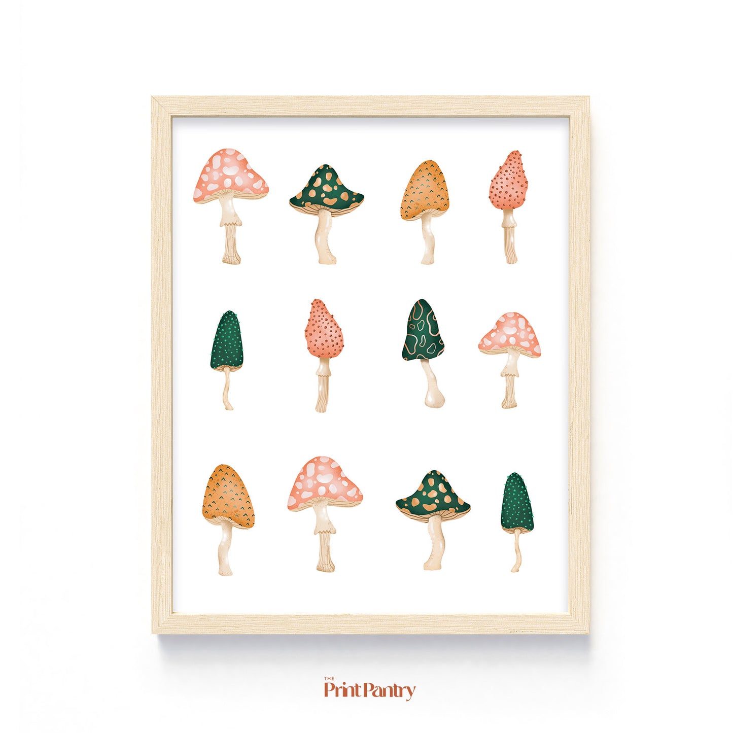 Mini Mushrooms Art Print shown in a wooden frame