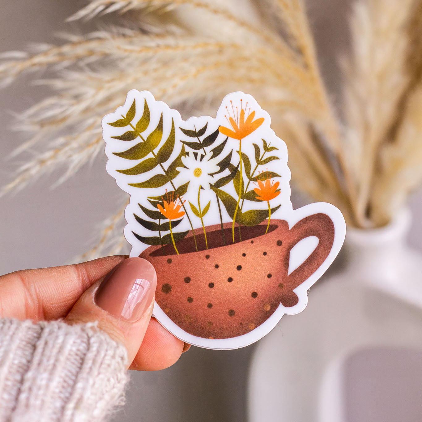 Woman holding a Floral Tea Cup Sticker