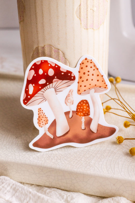 Forest Mushroom Sticker leaning against beautiful home decor